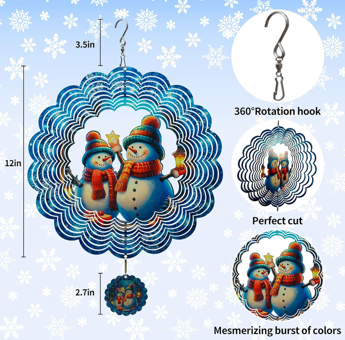 3D Snowman Wind Spinners for Yard and Garden Christmas Decor 12 Inch Outdoor Metal Stainless Steel Wind Spinner Unique Gift Xmas Wind Sculptures