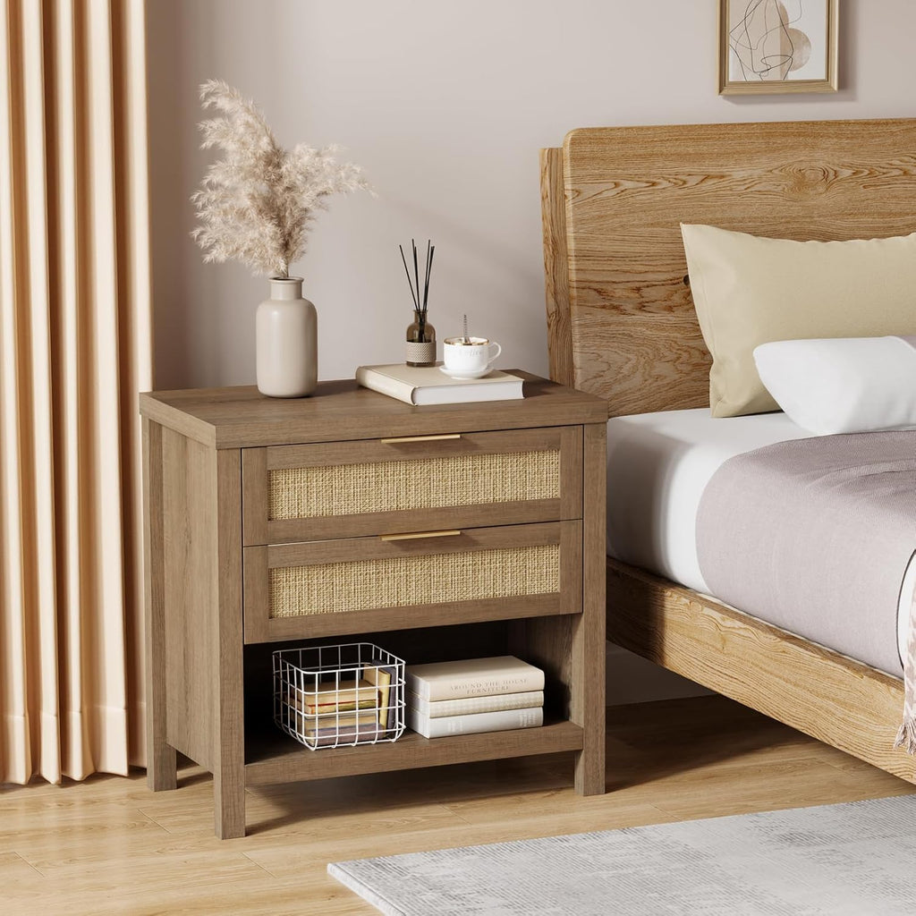 Eclatara Rattan Nightstands Set of 2 with 2 Drawers and Storage Shelf | Rattan Boho Farmhouse Bedside Table Accent Night Stands for Bedroom Large Space Sofa (2, Reclaimed Caramel Oak)