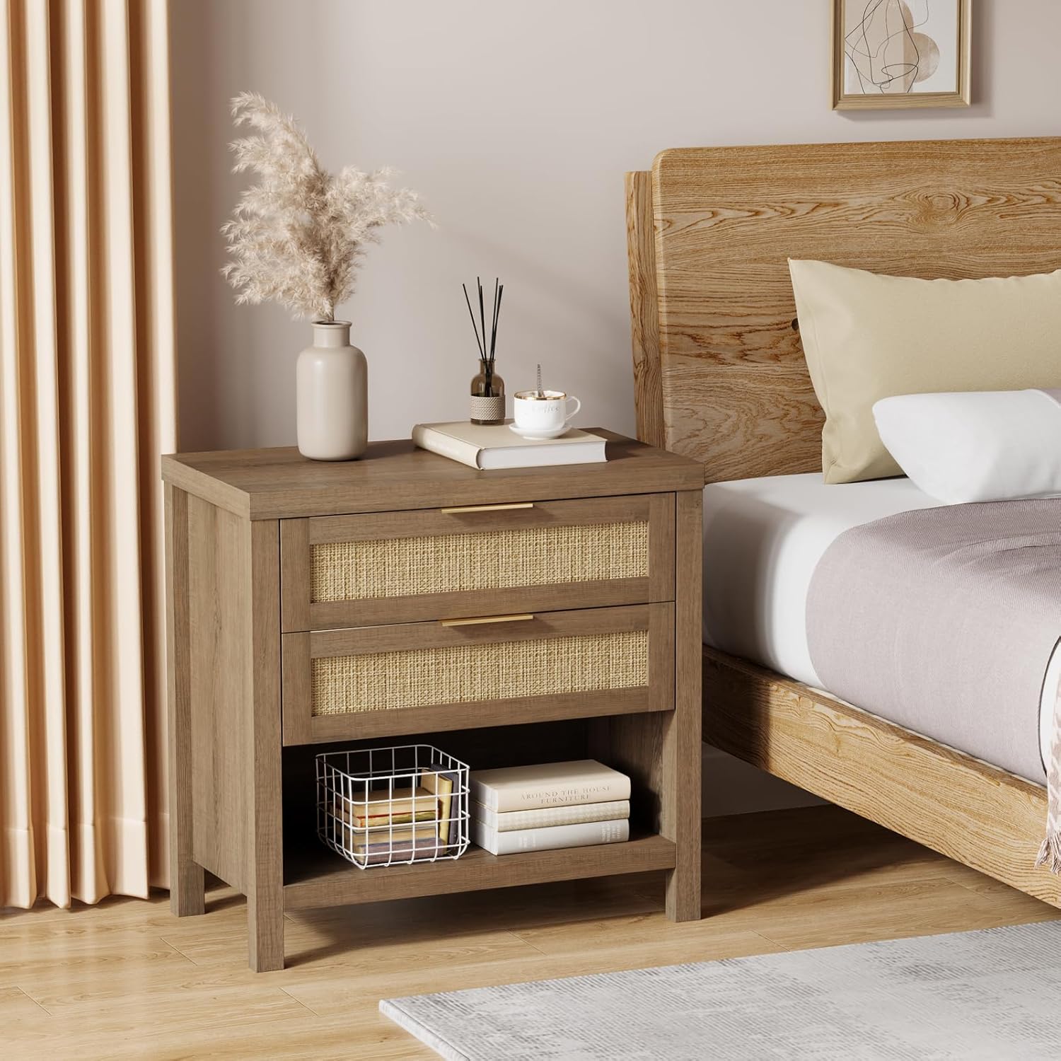 Eclatara Rattan Nightstands Set of 2 with 2 Drawers and Storage Shelf | Rattan Boho Farmhouse Bedside Table Accent Night Stands for Bedroom Large Space Sofa (2, Reclaimed Caramel Oak)