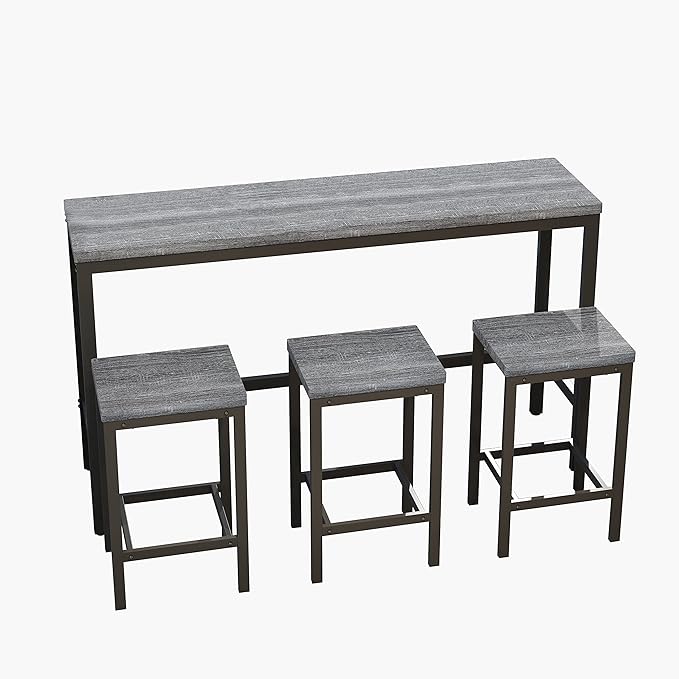 Harper & Bright Designs 4-Piece Dining Table Set, 60.2" L Solid Wood Dining Table with 3 Stools and Metal Frame for Kitchen Dining Room, Antique Grey