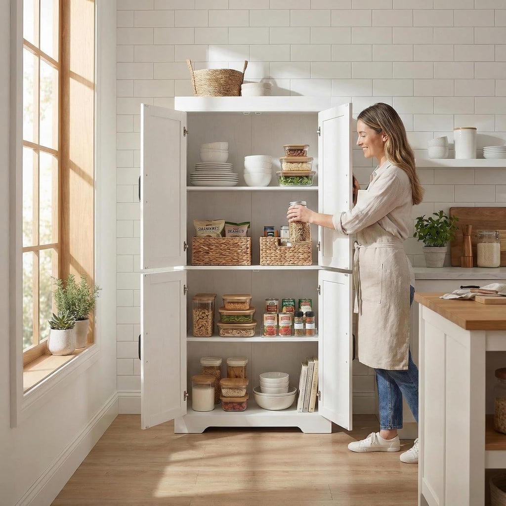 Homy Casa Farmhouse Kitchen Pantry Storage Cabinet, White Barn Door, 4-Door and 2 Shelves for Large Storage, 39 x 34 x 68.1 in，Standing Storage for Kitchen, Bathroom, Garage, Dinning Room Utility Room