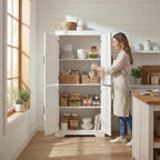 Homy Casa Farmhouse Kitchen Pantry Storage Cabinet, White Barn Door, 4-Door and 2 Shelves for Large Storage, 39 x 34 x 68.1 in，Standing Storage for Kitchen, Bathroom, Garage, Dinning Room Utility Room