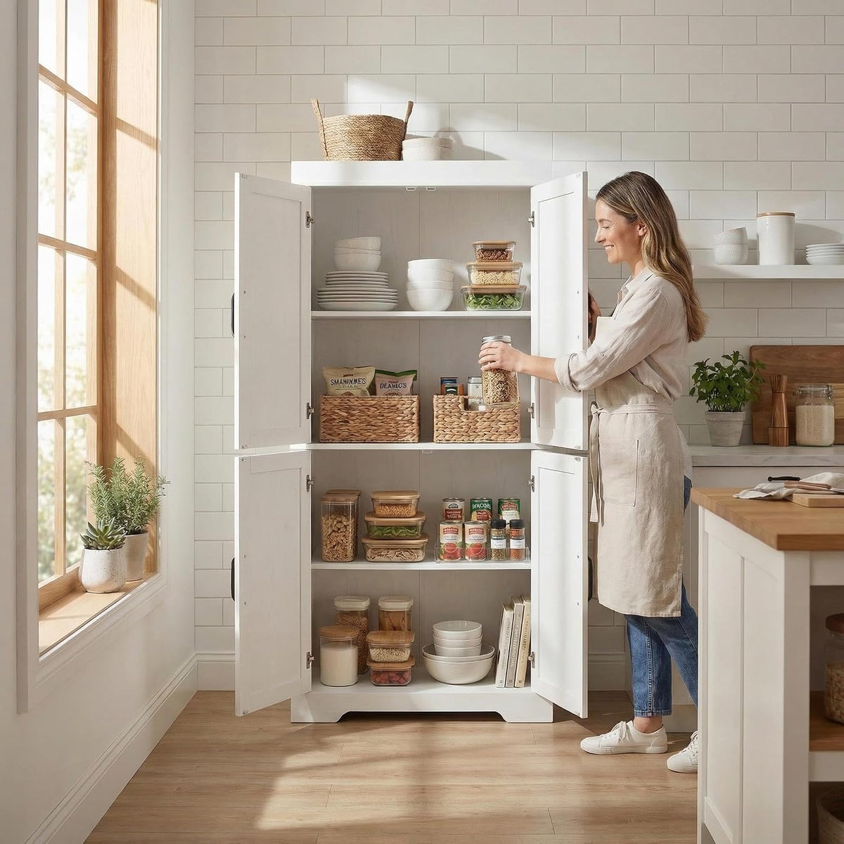 Homy Casa Farmhouse Kitchen Pantry Storage Cabinet, White Barn Door, 4-Door and 2 Shelves for Large Storage, 39 x 34 x 68.1 in，Standing Storage for Kitchen, Bathroom, Garage, Dinning Room Utility Room