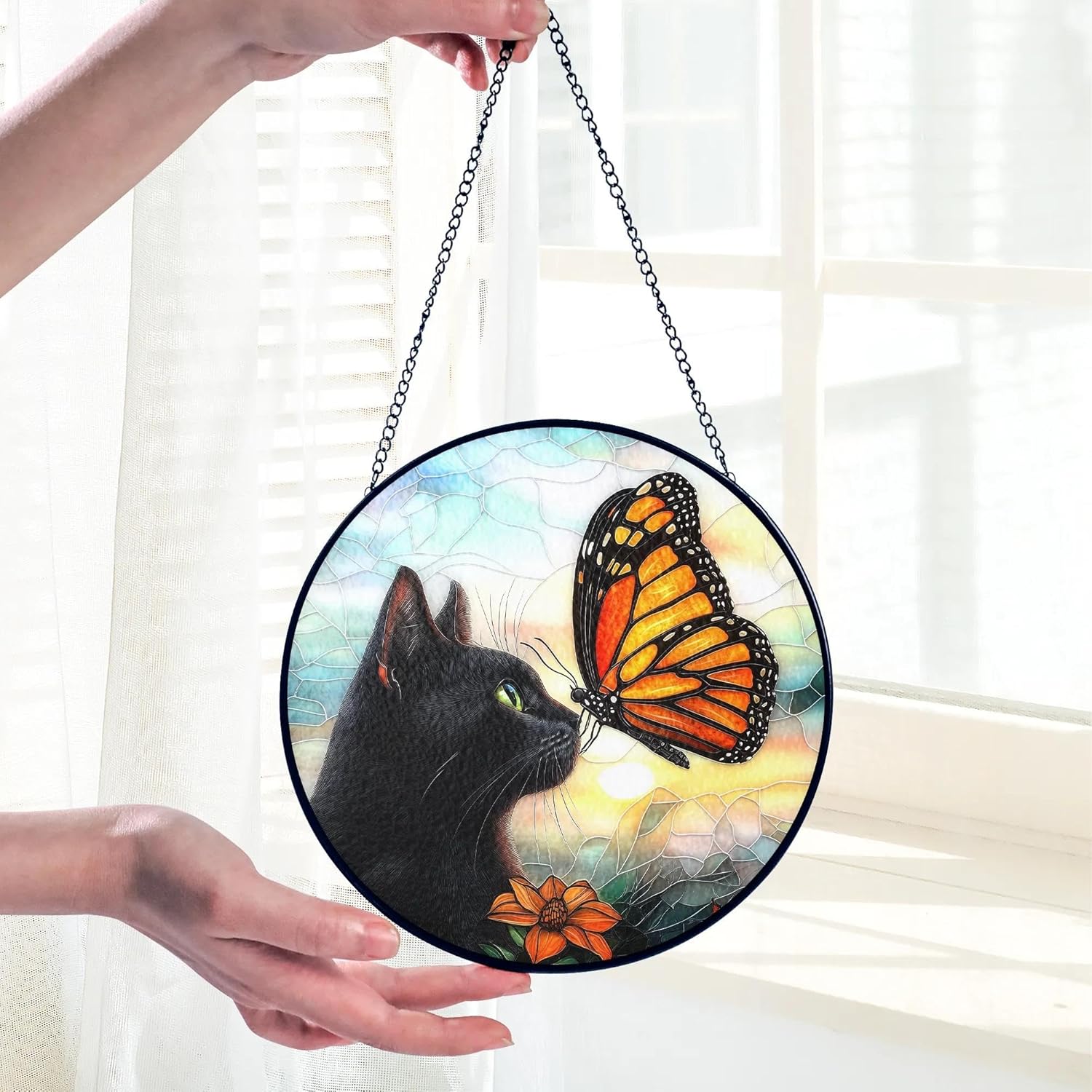 Black Cat Gifts, Cat Memorial Suncatcher Gift for Loss of Cats Butterfly Stained Glass Suncatcher Window Hanging Decor for Garden, Pet Loss Gift Christmas Birthday Sympathy Gifts for Pet Lovers Women
