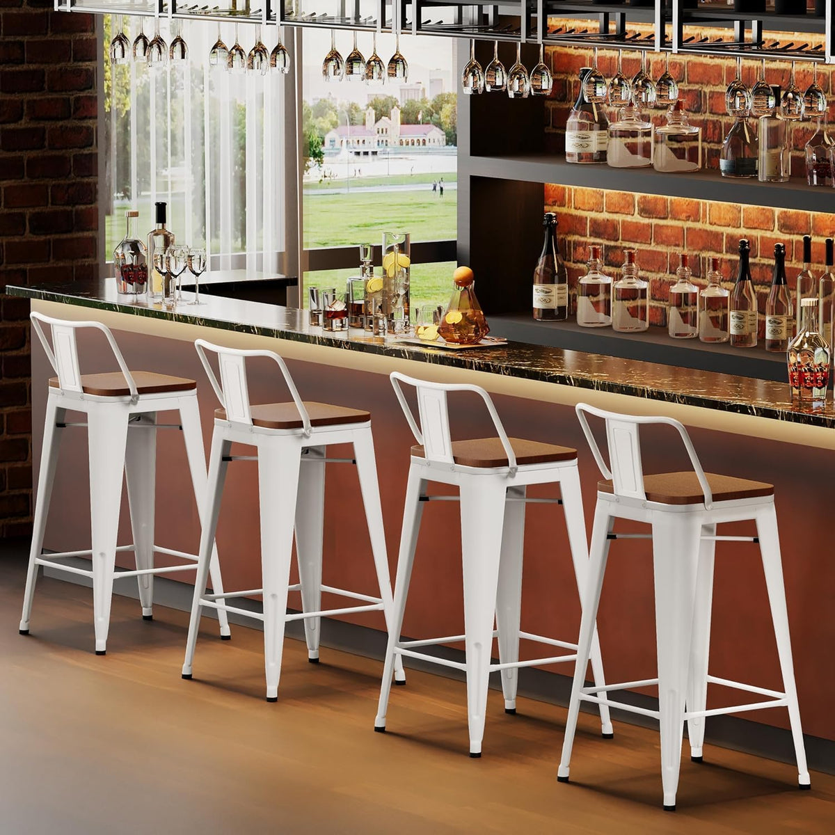 HAOBO Home 30" Bar Stools Set of 2 Bar Height Metal Barstools with Wood Seat Low Back Kitchen Bar Chairs White