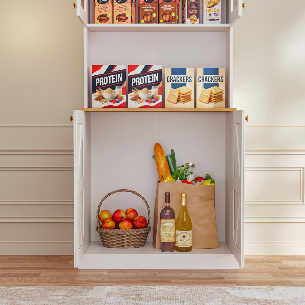 71" White Farmhouse Kitchen Pantry Cabinet Set of 4— Freestanding Coffee Bar with Glass Doors or Drawers, Microwave Stand, Large Storage Hutch with Adjustable Shelves for Kitchen, Living Room