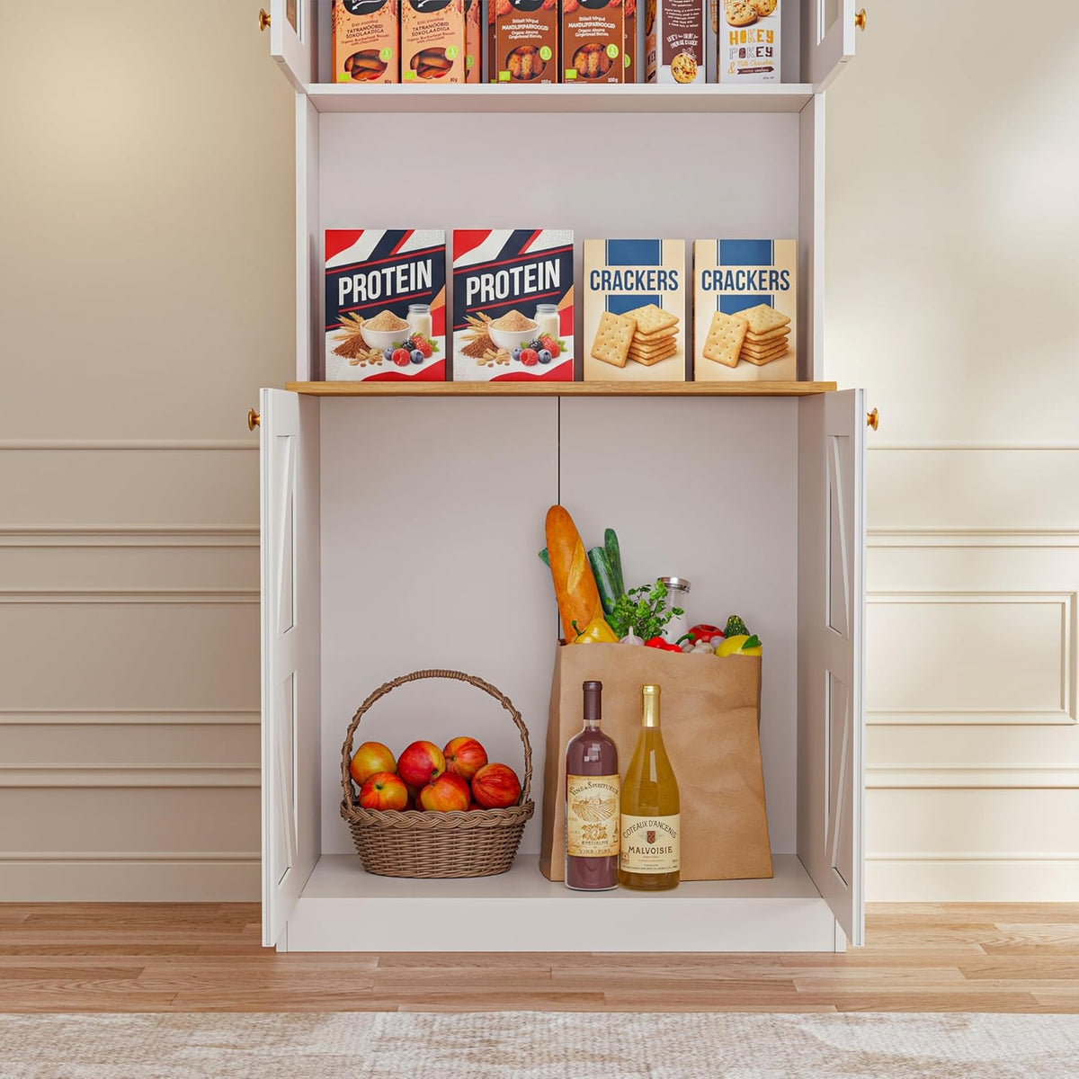 71" White Farmhouse Kitchen Pantry Cabinet Set of 3— Freestanding Coffee Bar with Glass Doors or Drawers, Microwave Stand, Large Storage Hutch with Adjustable Shelves for Kitchen, Living Room