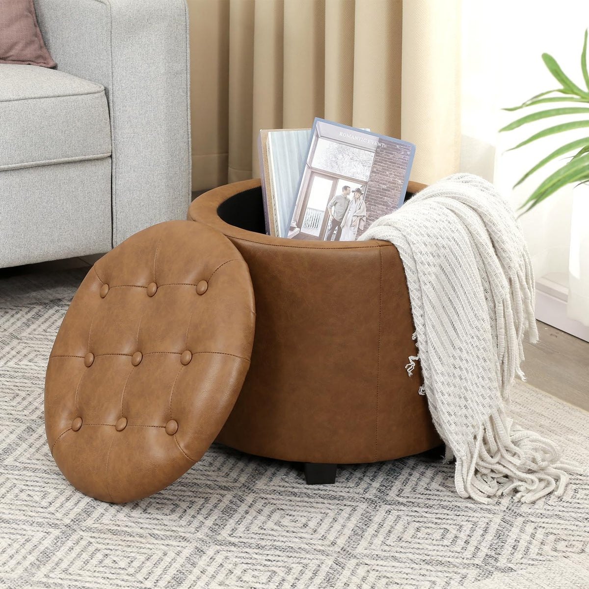 Adeco Brown Upholstered Round Faux Leather Storage Ottoman with Solid Wood Grain Plastic Legs | Tufted Foot Rest Ottoman for Living Room & Bedroom | Decorative Home Furniture