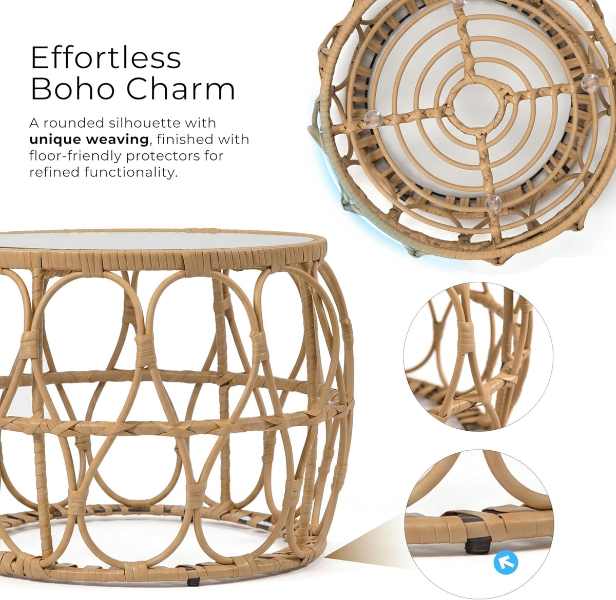 Furniture of America Ysar Boho Rattan Round Coffee Table Outdoor with 5mm Tempered Glass Top, All-Weather and Rust Resistant Patio Furniture