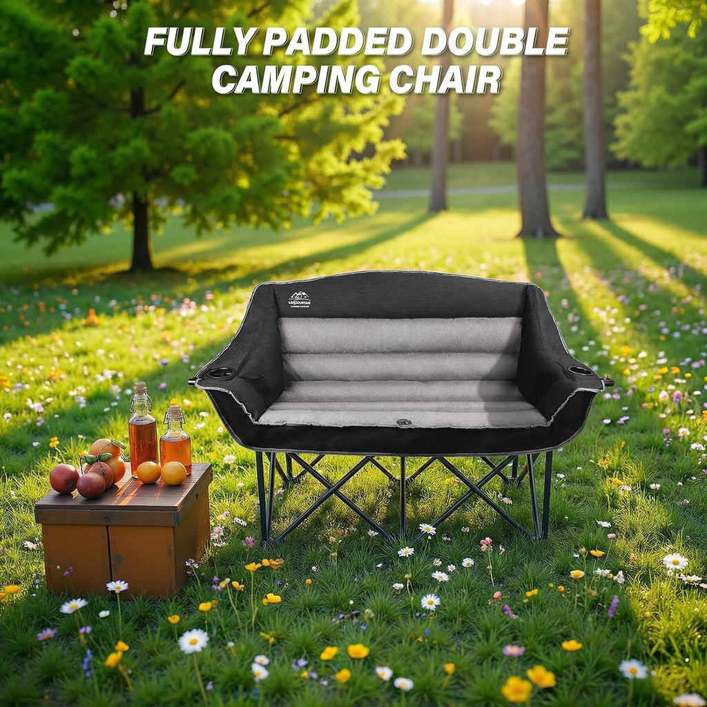 Fully Padded Folding Double Camping Chairs,Comfy Oversized Loveseat Lawn Chair w/Wine Glass Holder,Cup Holder,Heavy Duty Outdoor Portable Camp Couch Support 600 Lbs,Black