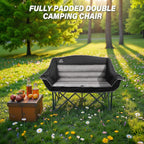 Fully Padded Folding Double Camping Chairs,Comfy Oversized Loveseat Lawn Chair w/Wine Glass Holder,Cup Holder,Heavy Duty Outdoor Portable Camp Couch Support 600 Lbs,Black