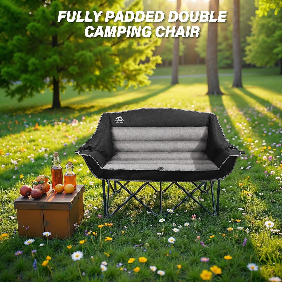 Fully Padded Folding Double Camping Chairs,Comfy Oversized Loveseat Lawn Chair w/Wine Glass Holder,Cup Holder,Heavy Duty Outdoor Portable Camp Couch Support 600 Lbs,Black
