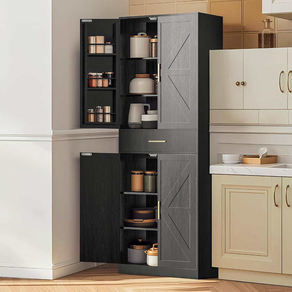 71" Tall Kitchen Pantry Storage Cabinet with 4 Doors & Drawer, Adjustable Shelves, Farmhouse Cupboard, Freestanding Cabinet with Door Shelves for Dining Room/Living Space, Black
