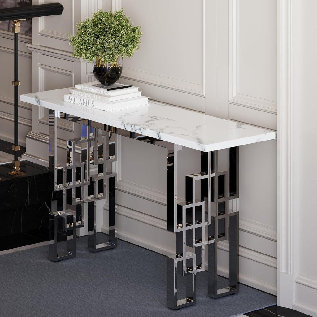 AUZ 55" White and Silver Console Table, Luxury Living Room Sofa Table, Modern Rectangle Console Table for Entryway, Living Room, Office, Foyer, Front Hall, Hallway