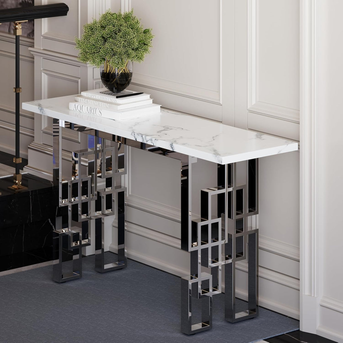 AUZ 55" White and Silver Console Table, Luxury Living Room Sofa Table, Modern Rectangle Console Table for Entryway, Living Room, Office, Foyer, Front Hall, Hallway