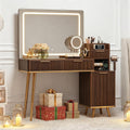 iPormis Makeup Vanity Desk with HD & 5X Magnifying Mirror and Lights, 47'' Make up Vanity, Fluted Glass Top Dressing Table w/Power Outlets, Adjustable Storage, Dark Brown
