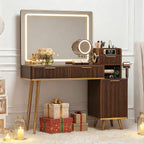 iPormis Makeup Vanity Desk with HD & 5X Magnifying Mirror and Lights, 47'' Make up Vanity, Fluted Glass Top Dressing Table w/Power Outlets, Adjustable Storage, Dark Brown