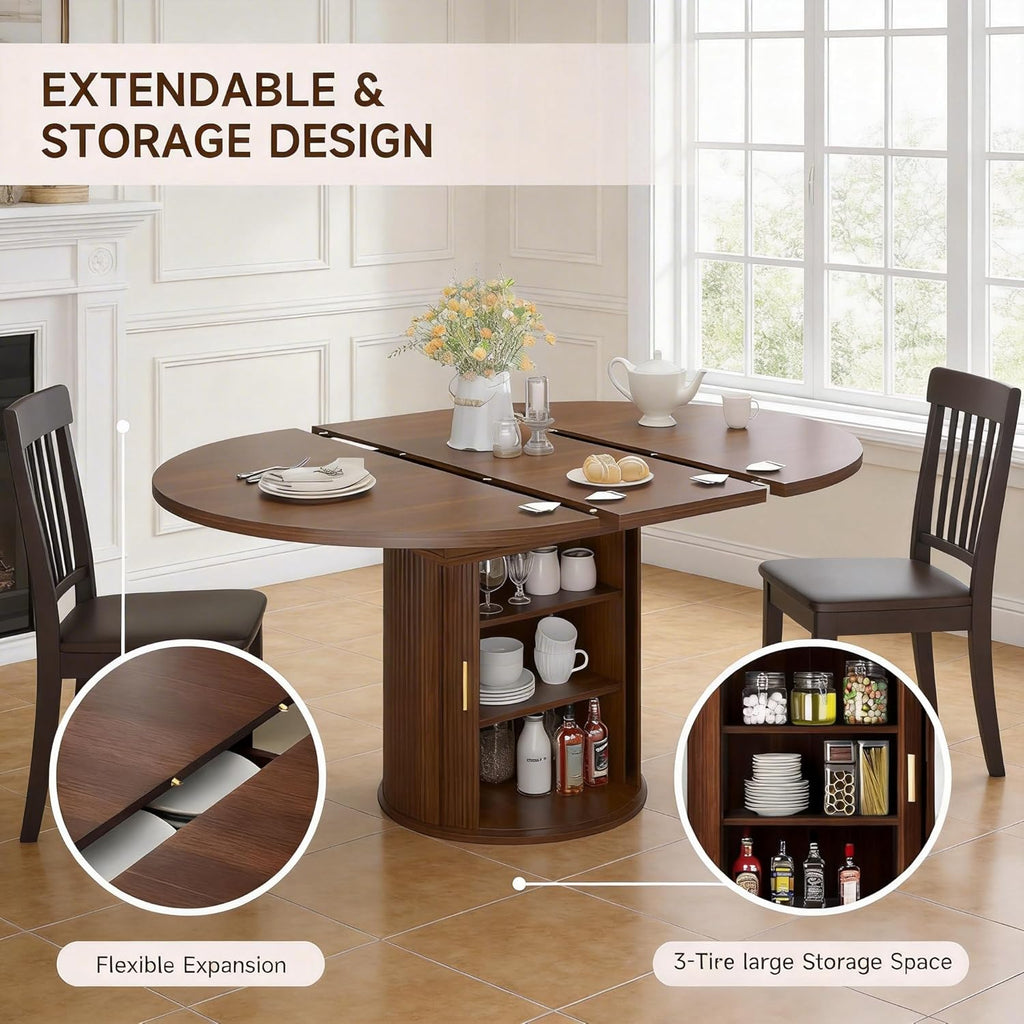 Extendable Round Dining Table: 47″–63″ Kitchen Table for 4 6 8 with Dust-Proof 2-Tier Storage Shelf Space Saving, Modern Farmhouse Expandable Wood Oval Circle Dinner Furniture with Pedestal Base