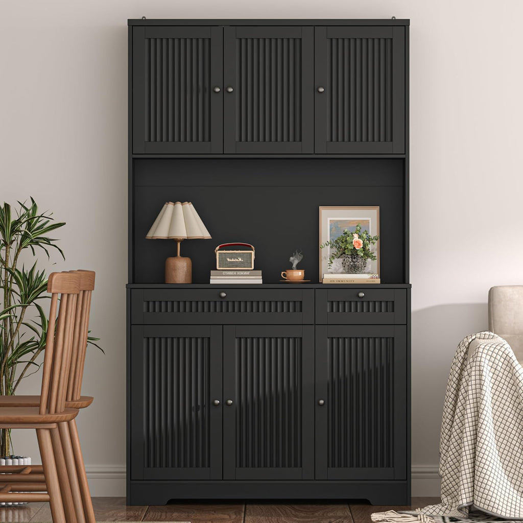 Pantry Storage Cabinet with Charging Station, Kitchen Storage with Adjustable Shelves, Food Pantry Cabinet with Coffee Bar Storage, Modern Kitchen Cupboard for Dining Room, Living Room, Black