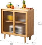 Bamboo Kitchen Sideboard Pantry Cabinets with Hooks, Large Storage Cupboard Pantry with 4 Tempered Glass Doors, Microwave Shelf, Freestanding Storage Buffet for Dining Room (Sideboard-32)