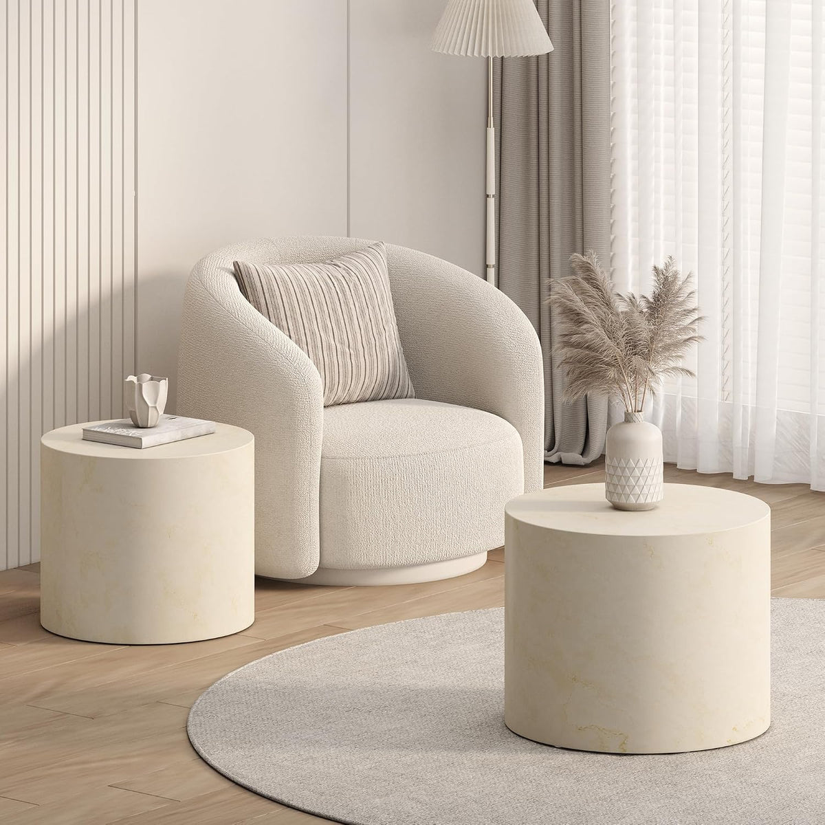 Nesting Round Coffee Table Set of 2, Accent End Table for Small Spaces, Morden Drum Side Table, Wooden Circle Center Table for Living Room, Fully Assembled - Faux Marble