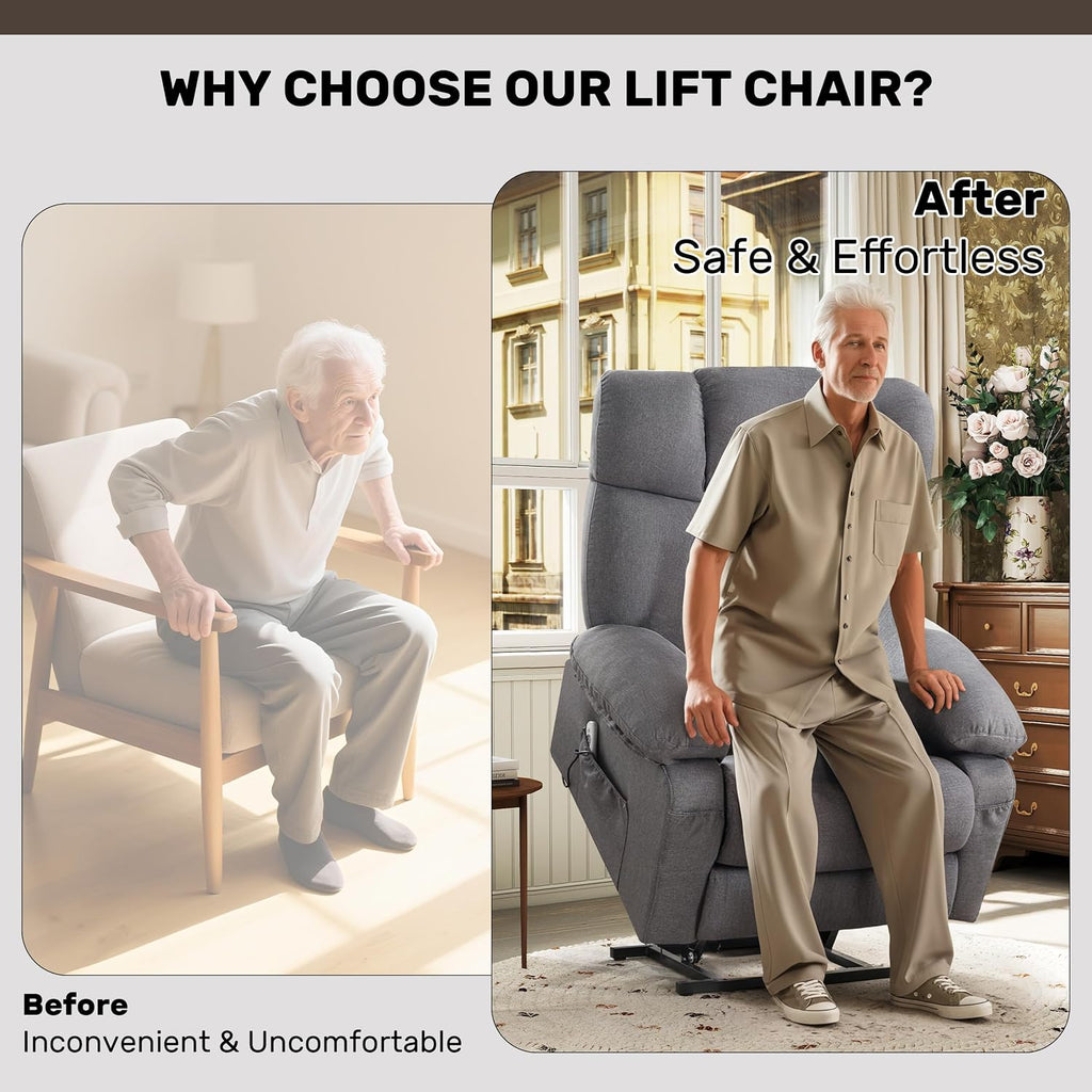 jonpony Power Lift Recliner Chair for Elderly, Big and Tall Lift Chair with Massage and Heat for Living Room, Fabric Electric Recliner Chairs with 4 Side Pockets, USB Charge Port, Grey