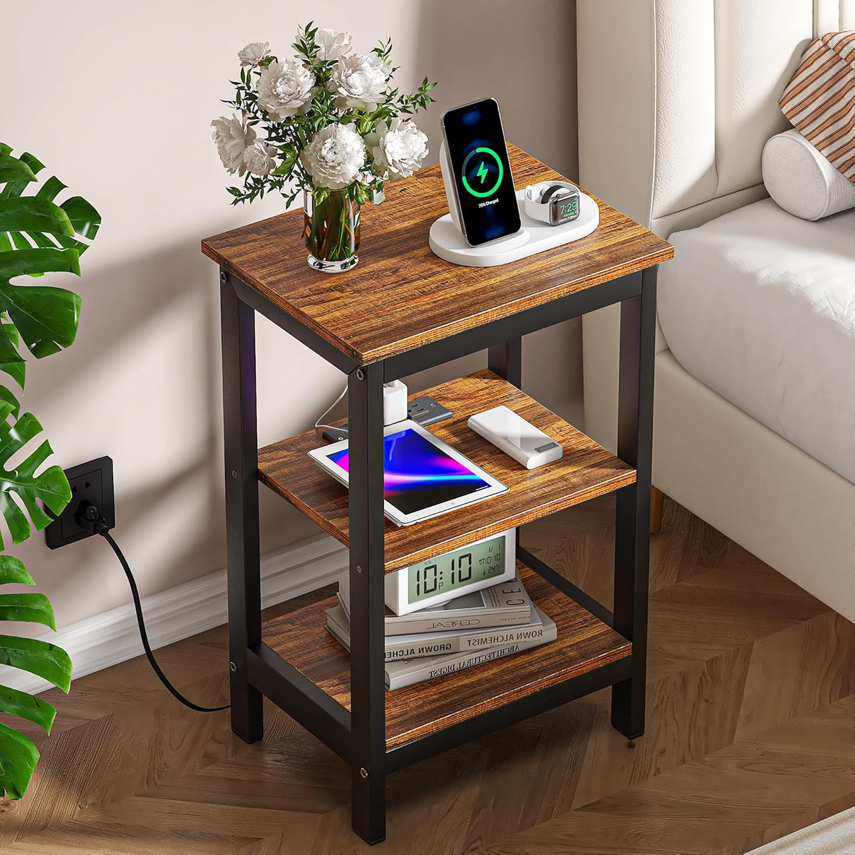 VECELO End Table with Charging Station and USB Ports, Small Wood Nightstand Modern, 24" Tall Living Room Side Table with 3-Tier Storage Shelves for Small Spaces, Office, Bedroom, Retro Brown, Set of 2