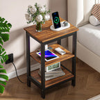 VECELO End Table with Charging Station and USB Ports, Small Wood Nightstand Modern Style, 24" Tall Living Room Side Table with 3-Tier Storage Shelves for Small Spaces, Office, Bedroom, Retro Brown