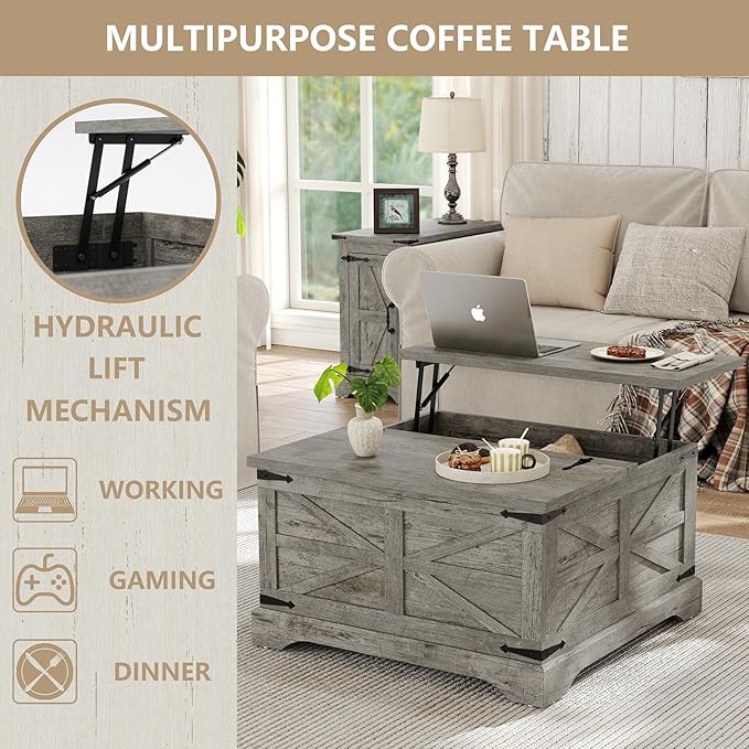 Furnideco Farmhouse Lift Top Coffee Table, Square Wood Center Table with Large Hidden Storage Compartment for Living Room, Rustic Modern Table with Hinged Lift Top, Oak Grey