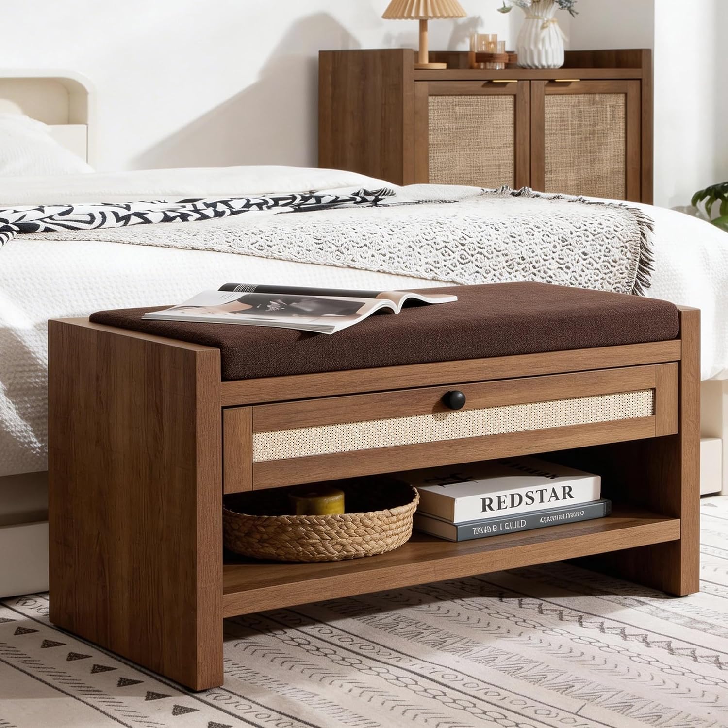 VipDesk Rattan Shoe Bench with Storage Drawer and Cushion Seat, Walnut Wood Entryway Bench 330 lbs Capacity, Waterproof for Hallway, Bedroom, Living Room