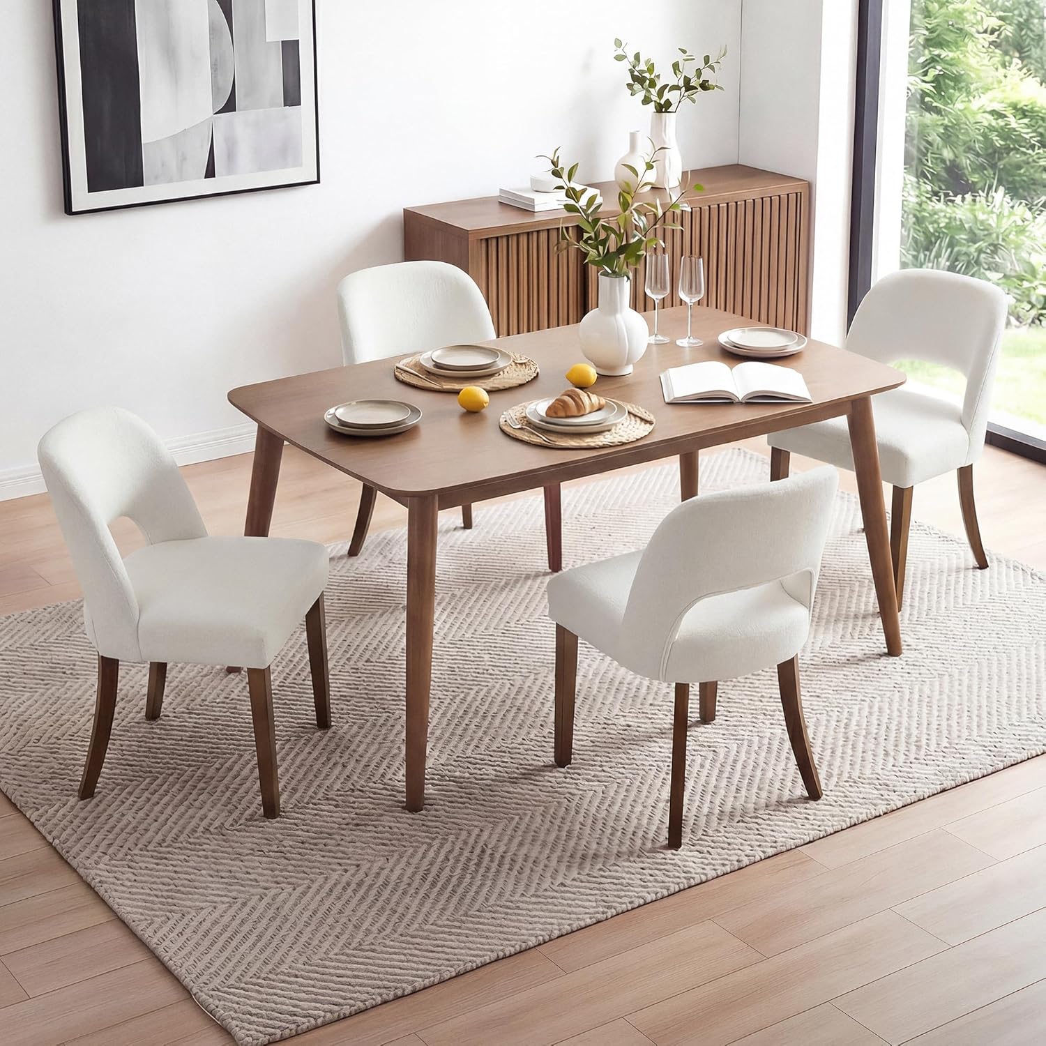 KISLOT Upholstered Dining Chairs Set of 2, Modern Armless Kitchen Chairs with Solid Wood Legs, Boucle Fabric, Sturdy Spring Structure, Comfortable Padded Dining Room Chairs, Cream