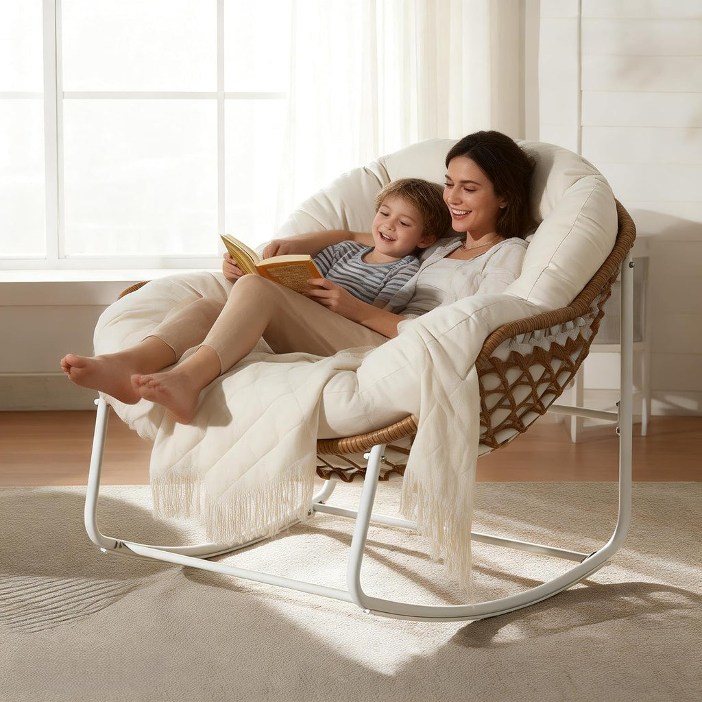 YDcosyfy Oversized Outdoor Papasan Rocking Chair with Soft Cushion, Comfy Patio Egg Chair, Wicker Lounge Rocker for Balcony/Porch/Garden, Reinforced All Weather Rattan Frame, 330 lbs Support, Cream