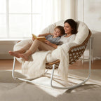 YDcosyfy Oversized Outdoor Papasan Rocking Chair with Soft Cushion, Comfy Patio Egg Chair, Wicker Lounge Rocker for Balcony/Porch/Garden, Reinforced All Weather Rattan Frame, 330 lbs Support, Cream