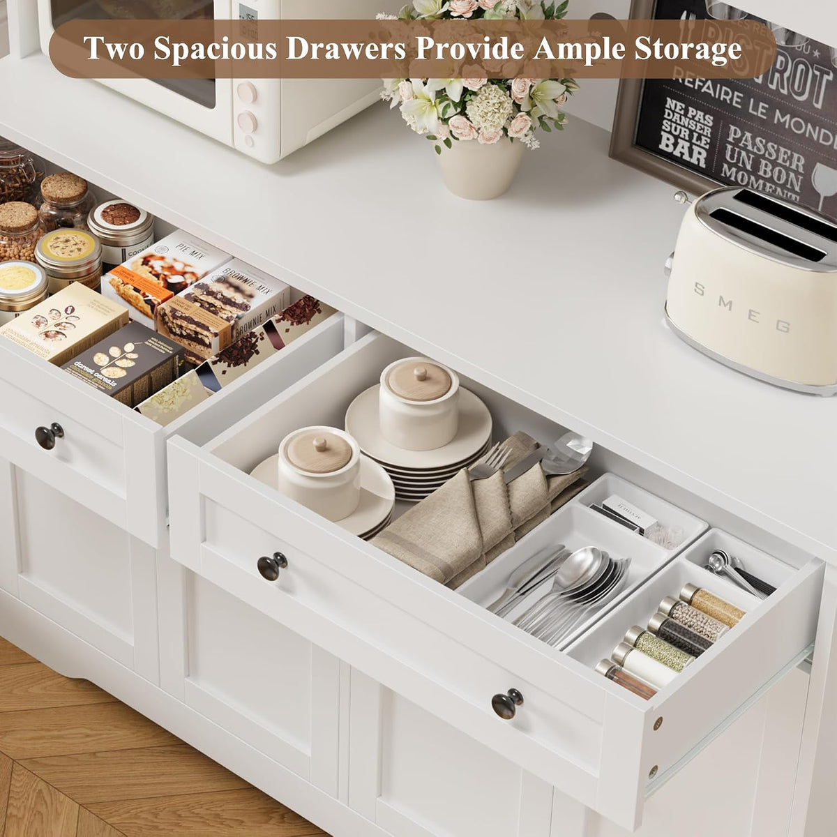 HOSTACK 75" Kitchen Pantry Storage Cabinet, Coffee Bar Hutch Cabinet, White | Tall Pantry Cabinet with Charging Station / Wide Countertop / Glass Doors / Wine Rack / Cup Holder / Drawers, Dining Room