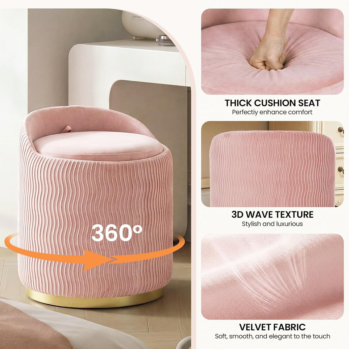 Vanity Chair with Storage Set of 2, 360° Swivel Velvet Makeup Chair with Wave Backrest, Modern Upholstered Round Accent Chair, No Assembly Vanity Stool for Bedroom, Dressing Room & Living Room, Pink