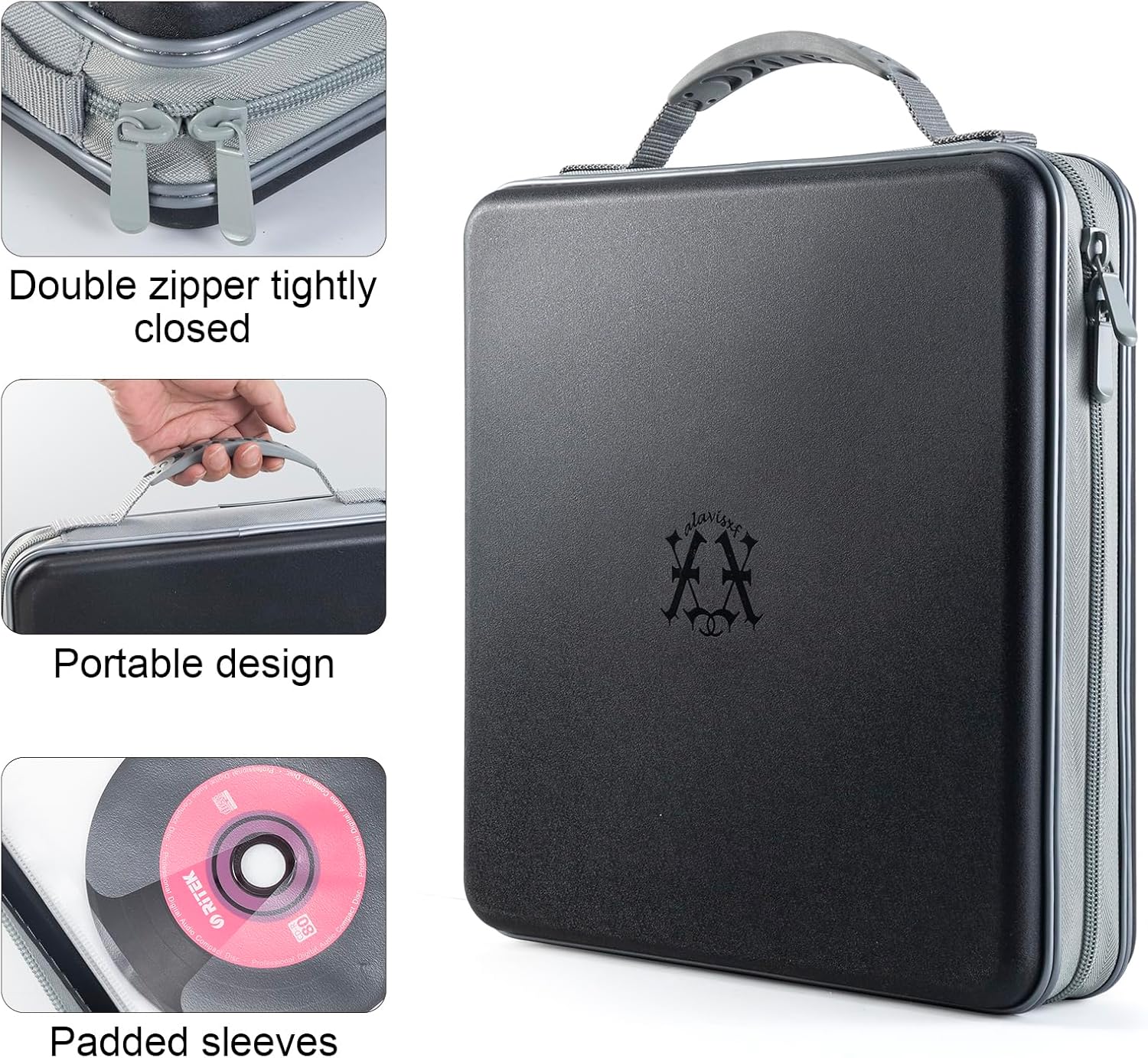 alavisxf xx CD Case, 224 Capacity Hard Plastic Organizer Holder for Car | Double Zipper Closure, Portable Handle, Heavy Duty, Anti-Slip Scratch-Resistant, DVD Storage, for Home Office Travel