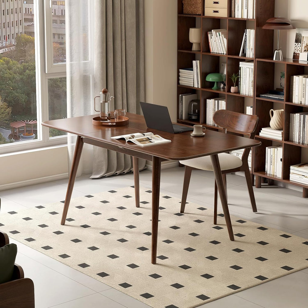 47’’-63’’ 100% Oak Extendable Dining Table, Solid Wood Folding Kitchen Table, Mid Century Modern Dinner Table for Kitchen, Apartment, Living Room (47''-63'' Walnut)
