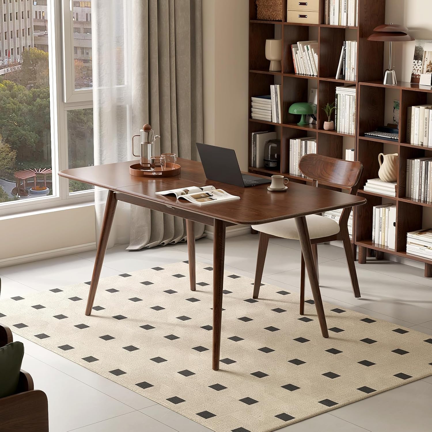 47’’-63’’ 100% Oak Extendable Dining Table, Solid Wood Folding Kitchen Table, Mid Century Modern Dinner Table for Kitchen, Apartment, Living Room (47''-63'' Walnut)