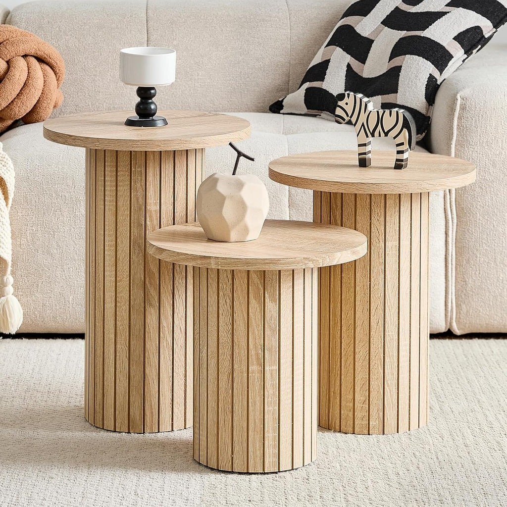 Round Nesting Coffee Table Set of 3 Mid Century Modern Wood Round Coffee Tables with Flexible Small Boho Circle End Table for Space Saving Living Room Comedor Home Office Bedroom(Natural)