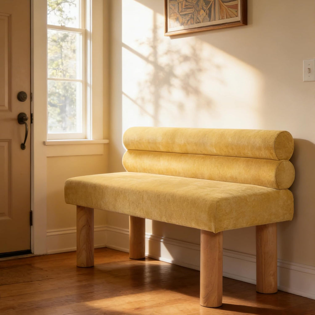GDFStudio Upholstered Boucle Dining Bench with Backrest Farmhouse Entryway Bench with Rubber Wood Legs Long Indoor Bench for Bedroom Living Room End of Bed Dining Room Seating, Yellow