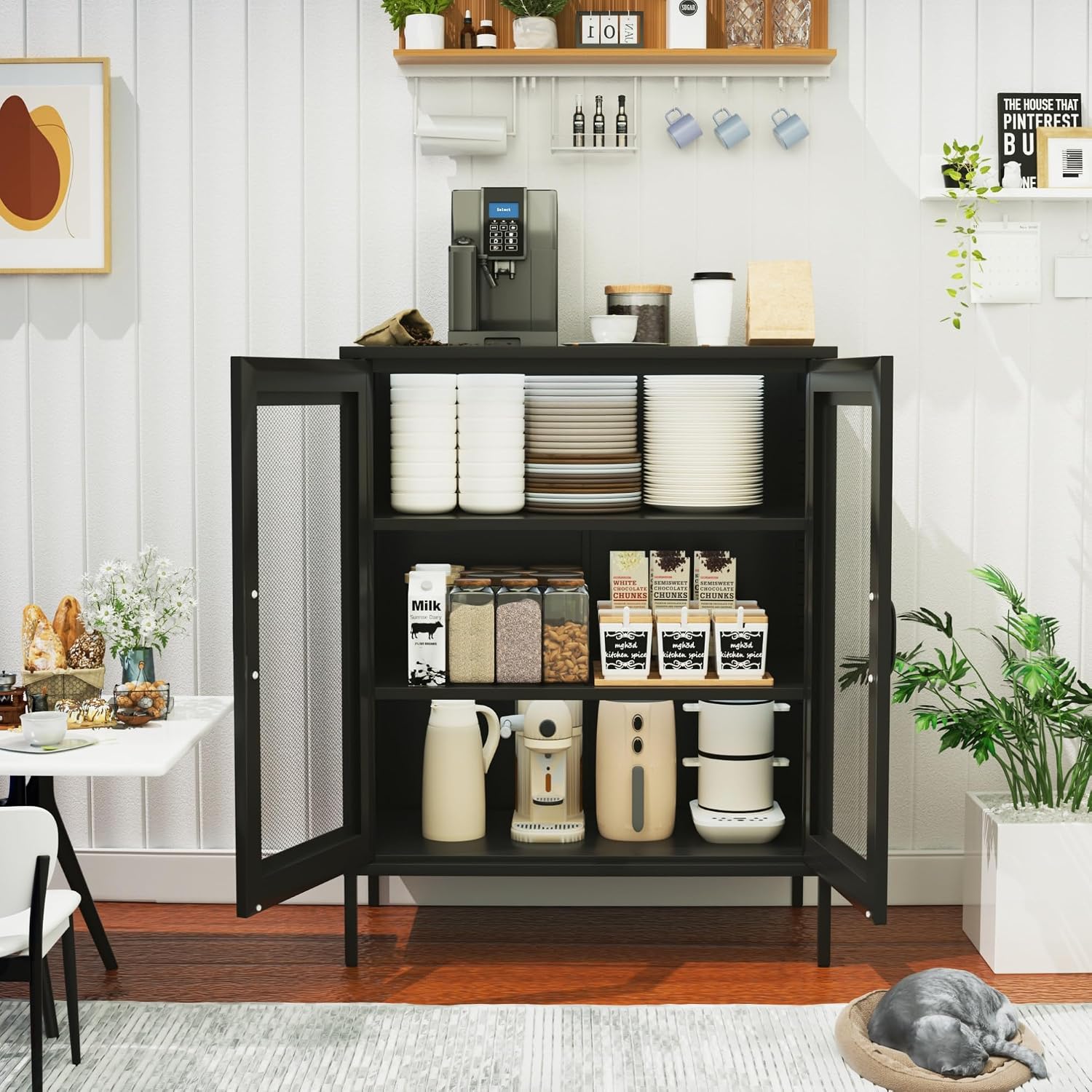 QINPTWUT 40" Industrial Storage Pantry, Kitchen Storage Cabinet with Mesh Door, 2 Adjustable Shelves, Freestanding for Kitchen, Dining Room,Bedroom, Workshop, Office, Garage (Black, 40")