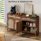 Rattan Buffet Cabinet with Storage, Sideboard Cabinet with Doors and Shelves, Accent Coffee Bar with Drawers, Farmhouse Kitchen Storage Cabinets, credenza for Entryway, Living Room Walnut