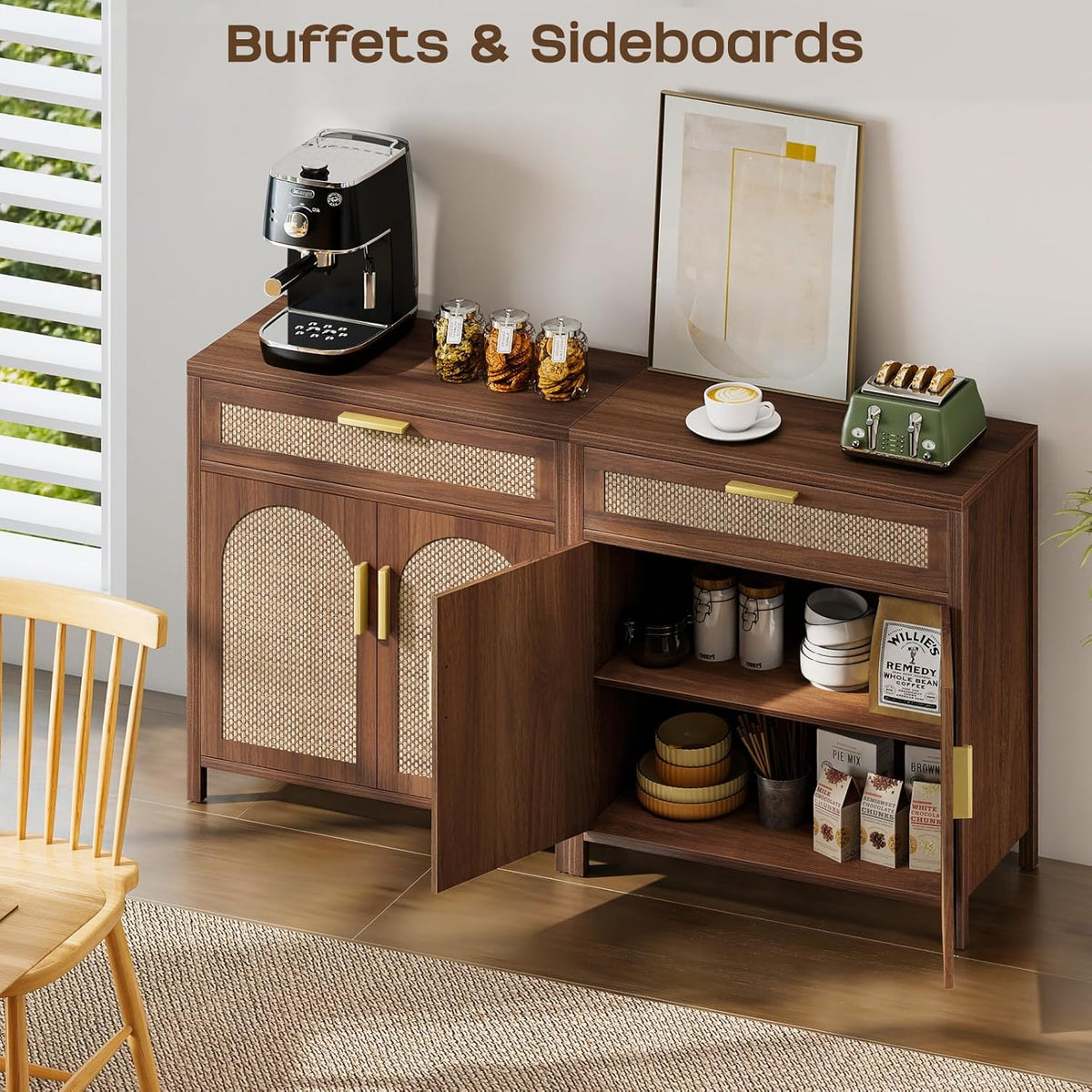 Rattan Buffet Cabinet with Storage, Sideboard Cabinet with Doors and Shelves, Accent Coffee Bar with Drawers, Farmhouse Kitchen Storage Cabinets, credenza for Entryway, Living Room Walnut
