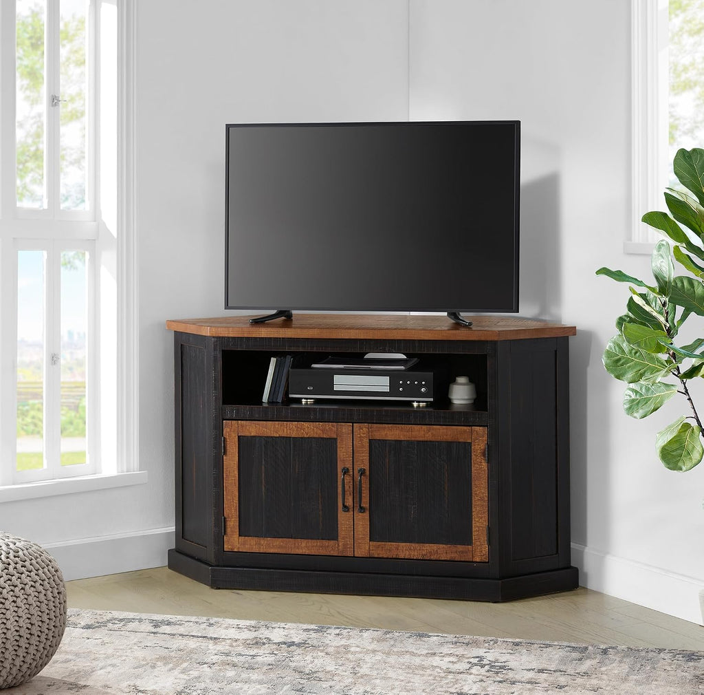 Martin Svensson Home Rustic Corner Solid Wood TV Stand, Black with Honey | Entertainment Center, for TVs up to 55", Two Door Cabinet, Open Storage shelf