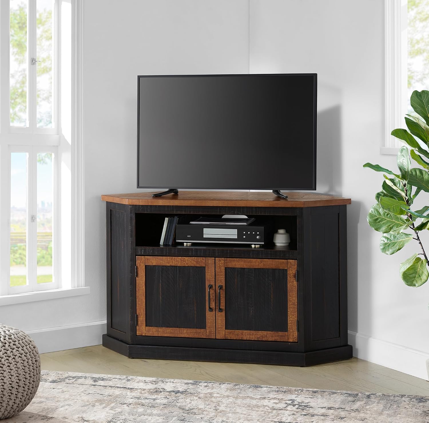 Martin Svensson Home Rustic Corner Solid Wood TV Stand, Black with Honey | Entertainment Center, for TVs up to 55", Two Door Cabinet, Open Storage shelf