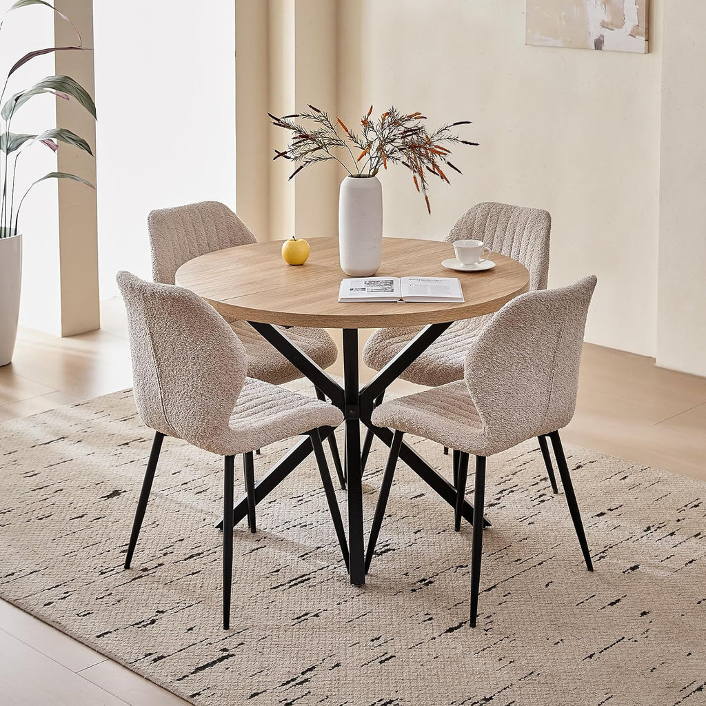 39" Round Dining Table Set for 4, Mid Century Kitchen Table with 4 Boucle Upholstered Dining Chairs for Apartment Living Room Space Saving