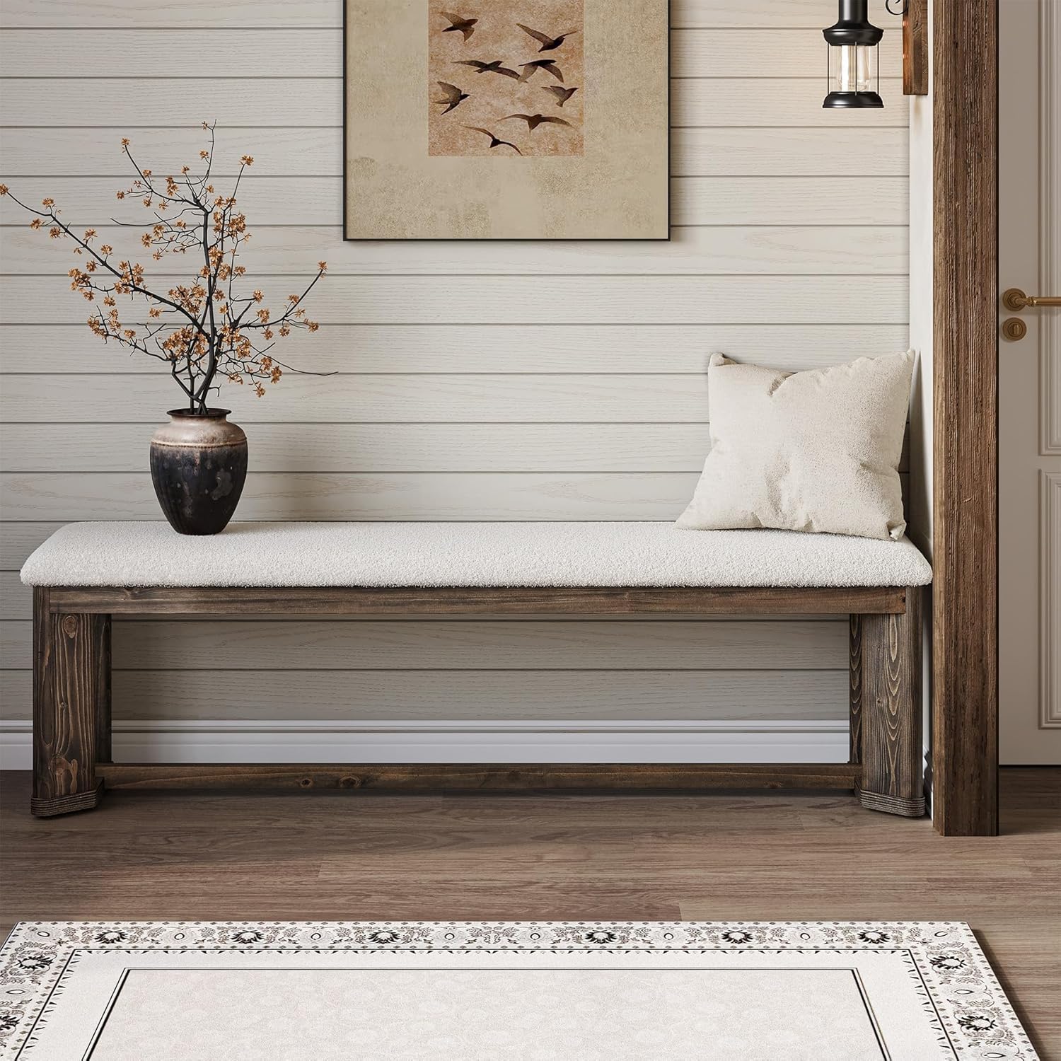 LITTLE TREE 63" Upholstered Bench, Solid Wood Entryway Shoe Bench with Cushion, Long Modern Farmhouse End of Bed Bench with Antique Brown Legs & Faux Lamb Fur Seat for Bedroom, Living Room, Dining