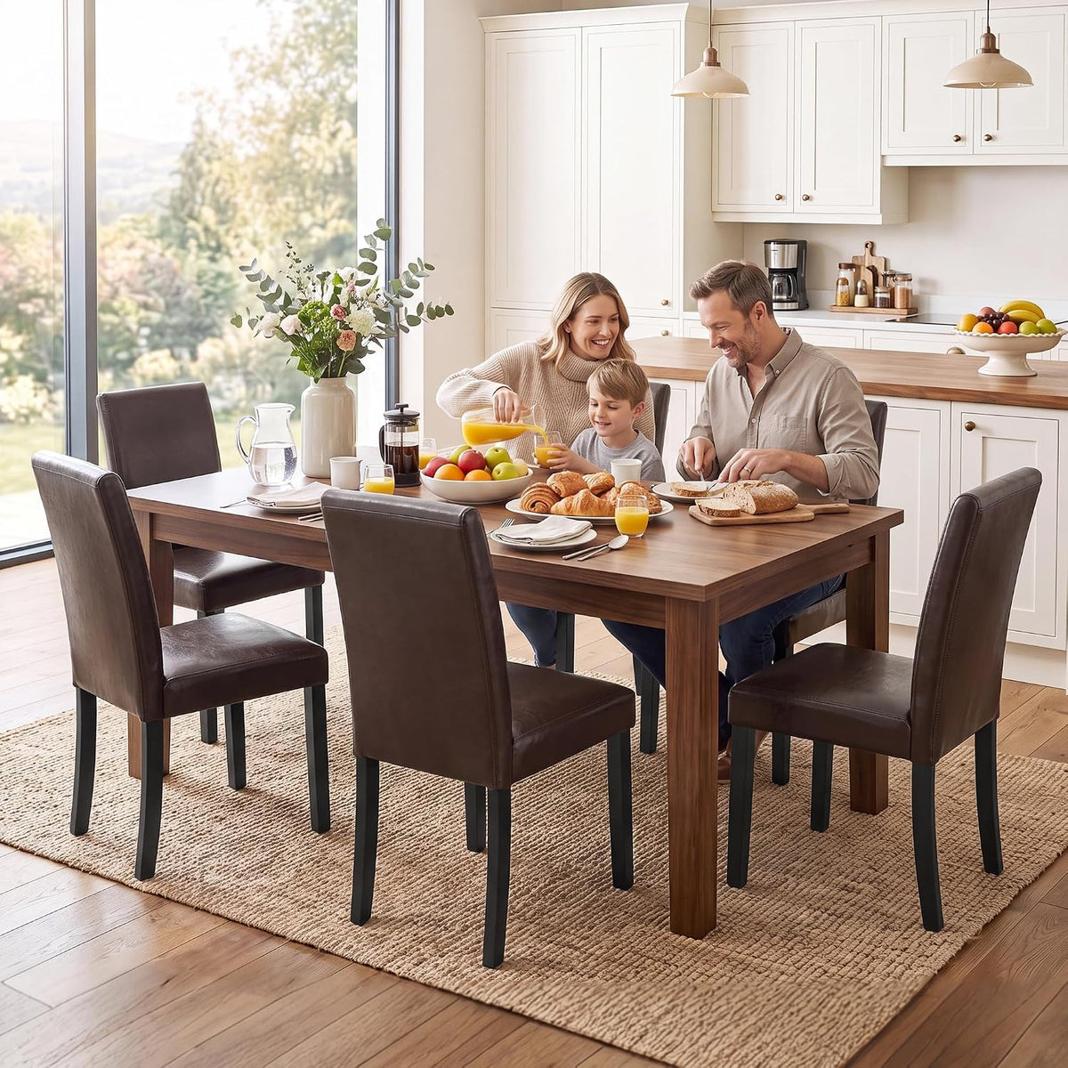 LSSPAID Dining Chairs Set of 6, Upholstered Leather Parsons Dining Room Chairs with Solid Wood Legs, Modern Armless Side Chairs for Kitchen Restaurant Home, Dark Brown