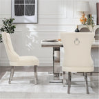 adochr Velvet Dining Chairs Set of 2, Upholstered Kitchen Chairs with Mteal Legs, Modern Button Tufted Back with Square Pull Ring Trim for Dining Room, Beige