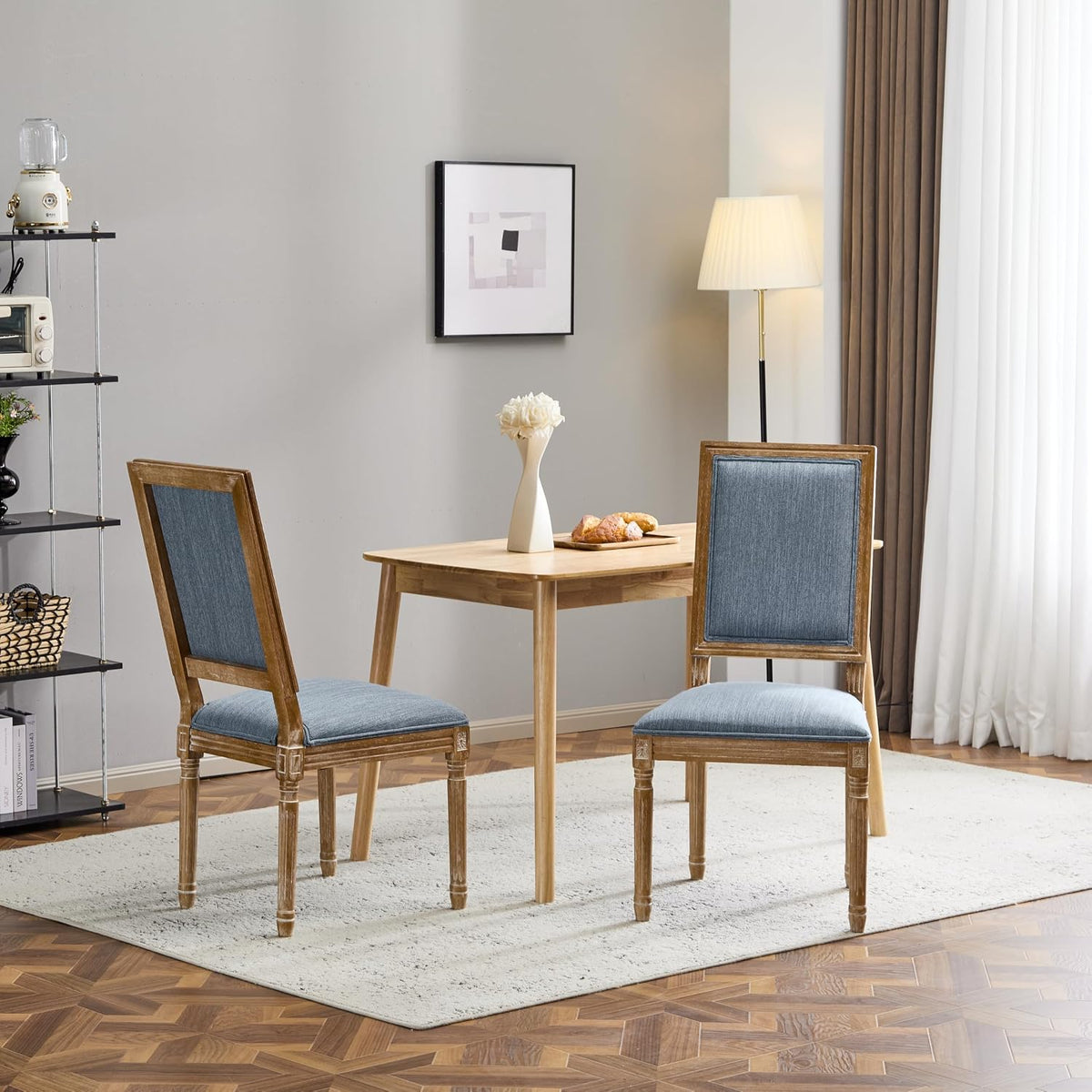 Christopher Knight Home Regina French Country Dining Chairs Set of 2, Wooden Dining Room Chair, High Back Kitchen Side Chair, Fabric Upholstered Armless Extra Seat, Slate Blue